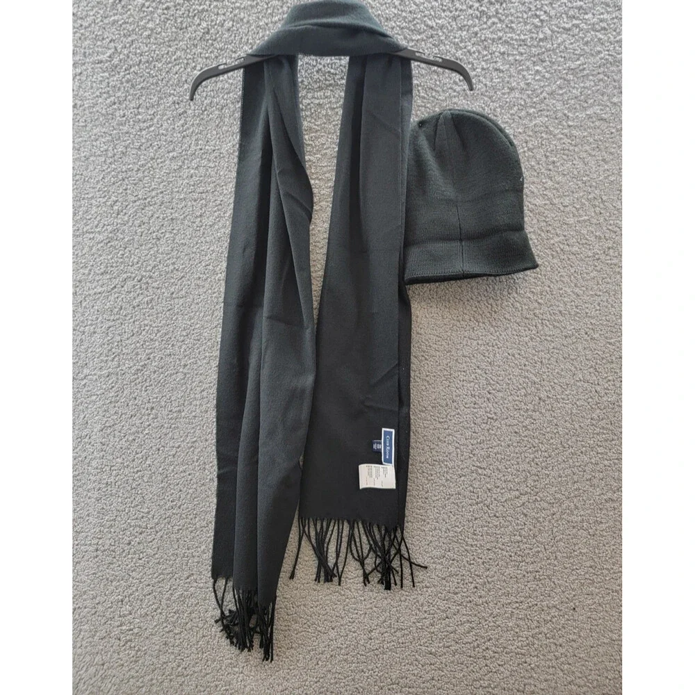 Club Room Beanie & Scarf Set Men's One Size Black Solid Fringe Trim